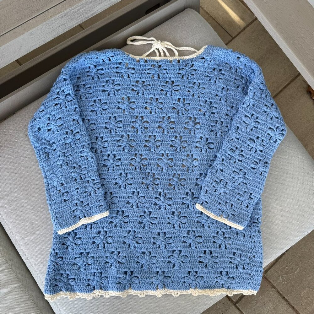 New Free People Crochet Knit Tunic Sweater Blue Floral XS - Picture 6 of 10